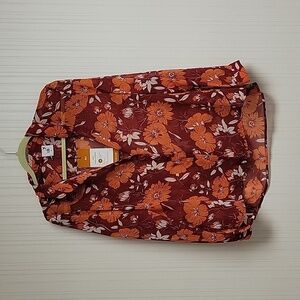 CAbi Floral Button-Down Blouse in Burgundy and Orange